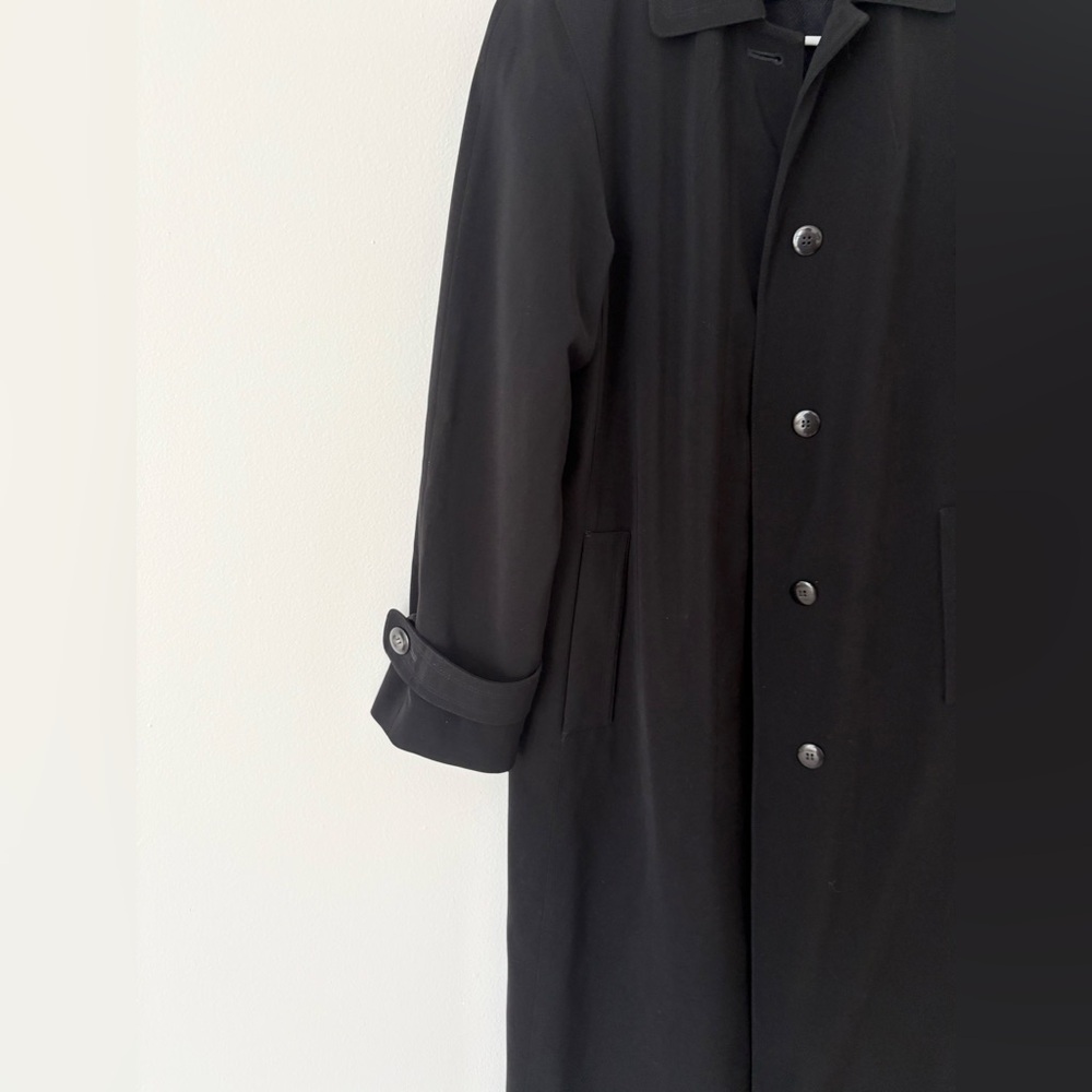Gallery Vintage Black Long Floor Length Button Down Collared Trench Coat Small - Picture 10 of 11